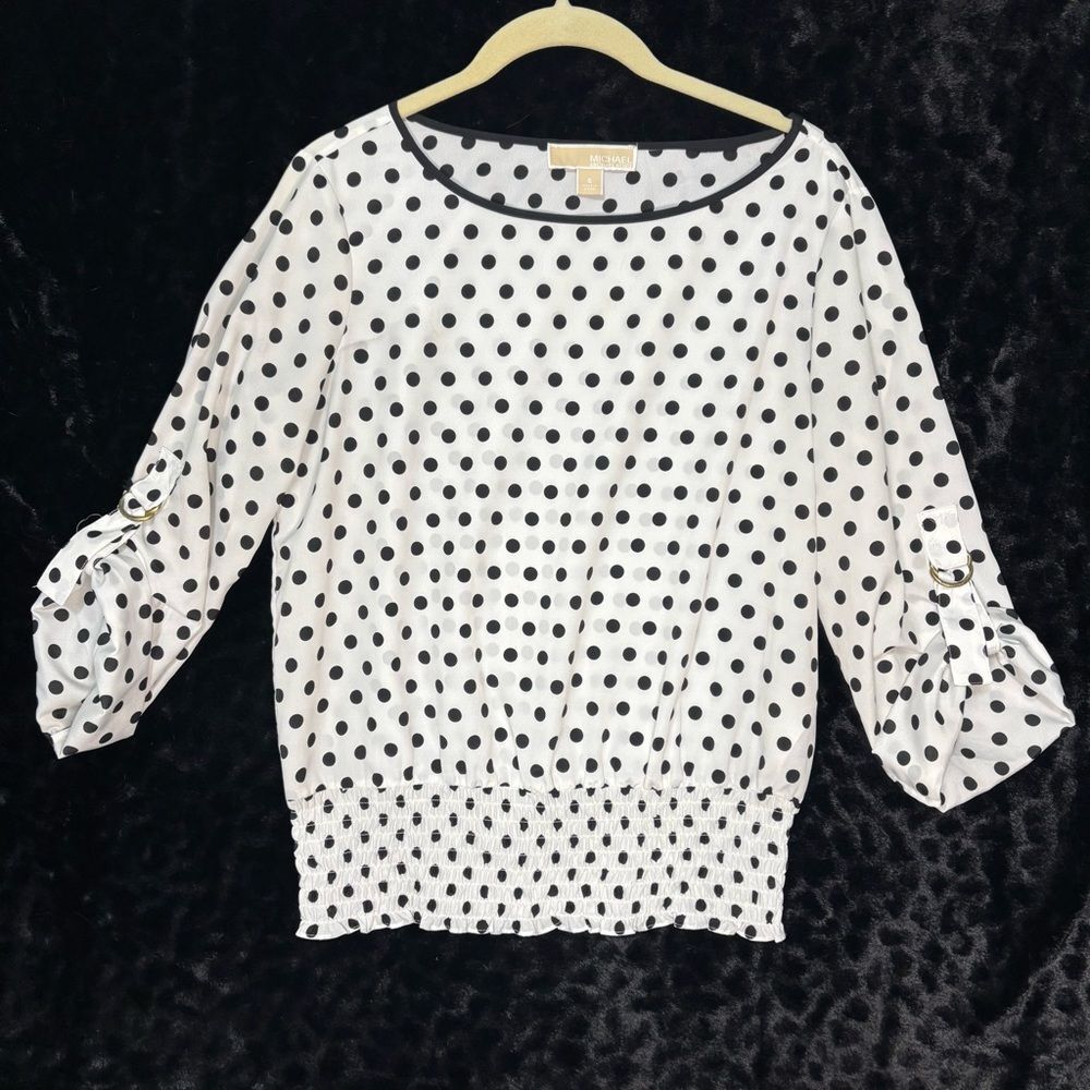 Michael Kors‎ Womens Polka Dot Blouse Sheer Sz S 3/4 Roll Tab Sleeve Office